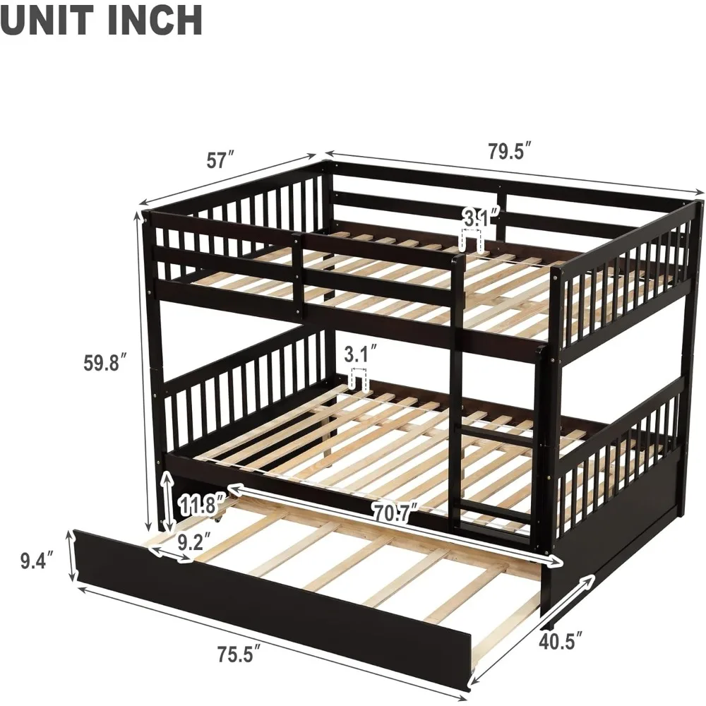 Bunk Bed, Convertible To 2 Full Size Platform Beds, with Twin Size Trundle Bed Frame and Safety Guard Rail, Solid Wood Bunk Beds