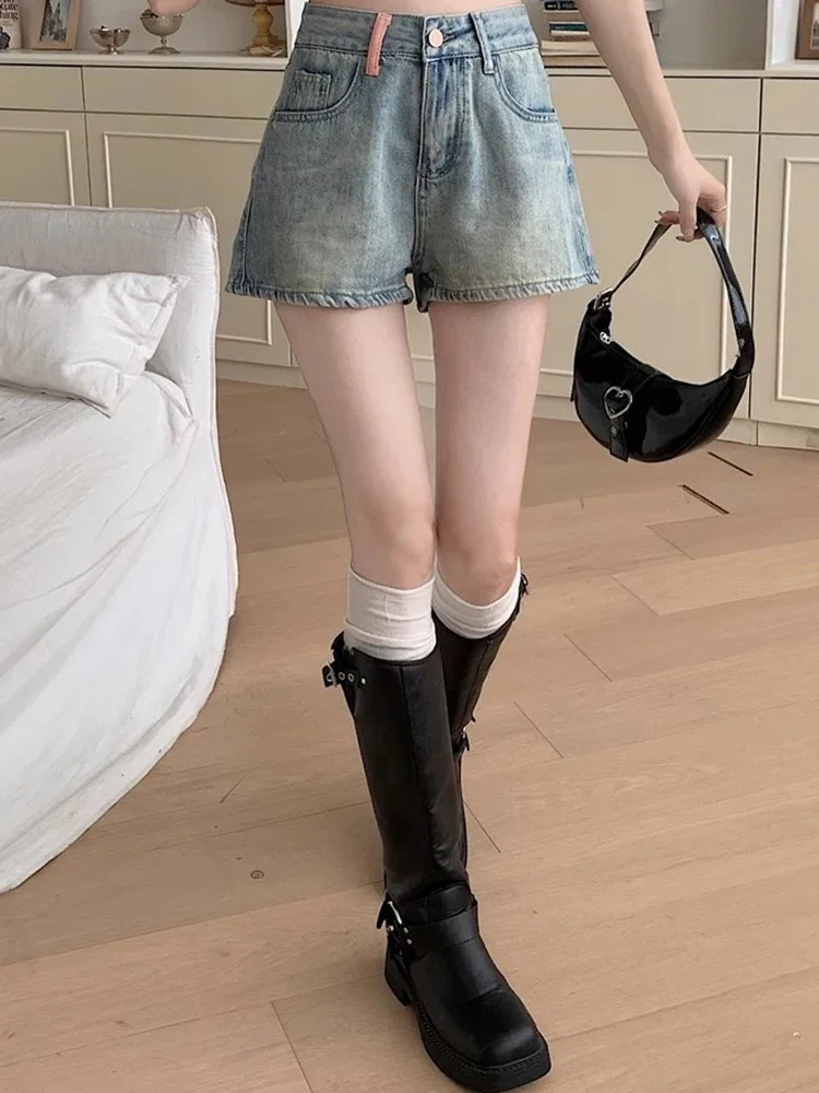 Meninas coreano cintura alta denim perna larga shorts feminino high street y2k calças curtas moda feminina azul quente calças jeans plus size