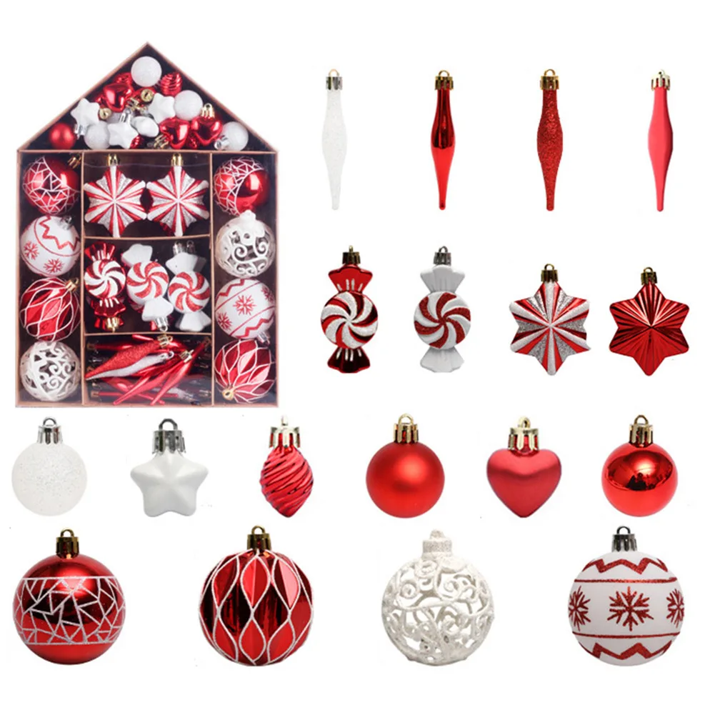 

Handmade Painted Christmas Ball Ornament Set 73 PCS with House Shaped Decorations for Holiday Tree and Home Use