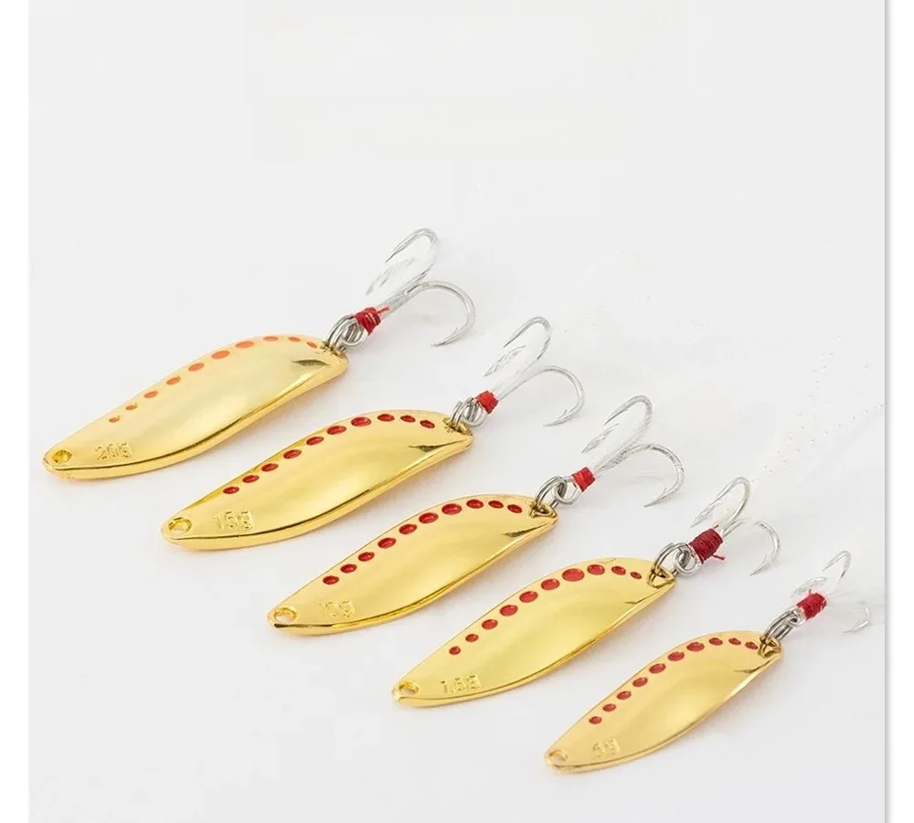 

5pcs 2.5g-10g Metal Spoon Fishing Lure with Feather Treble Hook Red Dot Leech Glitter Casting Wobbler for Trout Pike Bass Perch