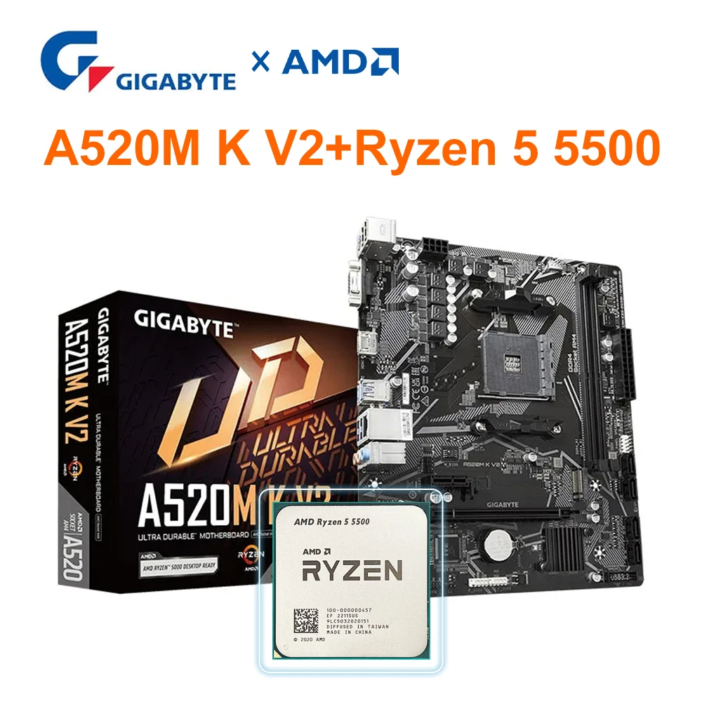 AMD Ryzen 5 5500 + GIGABYTE A520M K V2 Motherboard CPU Kit DDR4 64GB 5100(O.C.) Socket AM4 Micro-ATX 5500+A520 Set