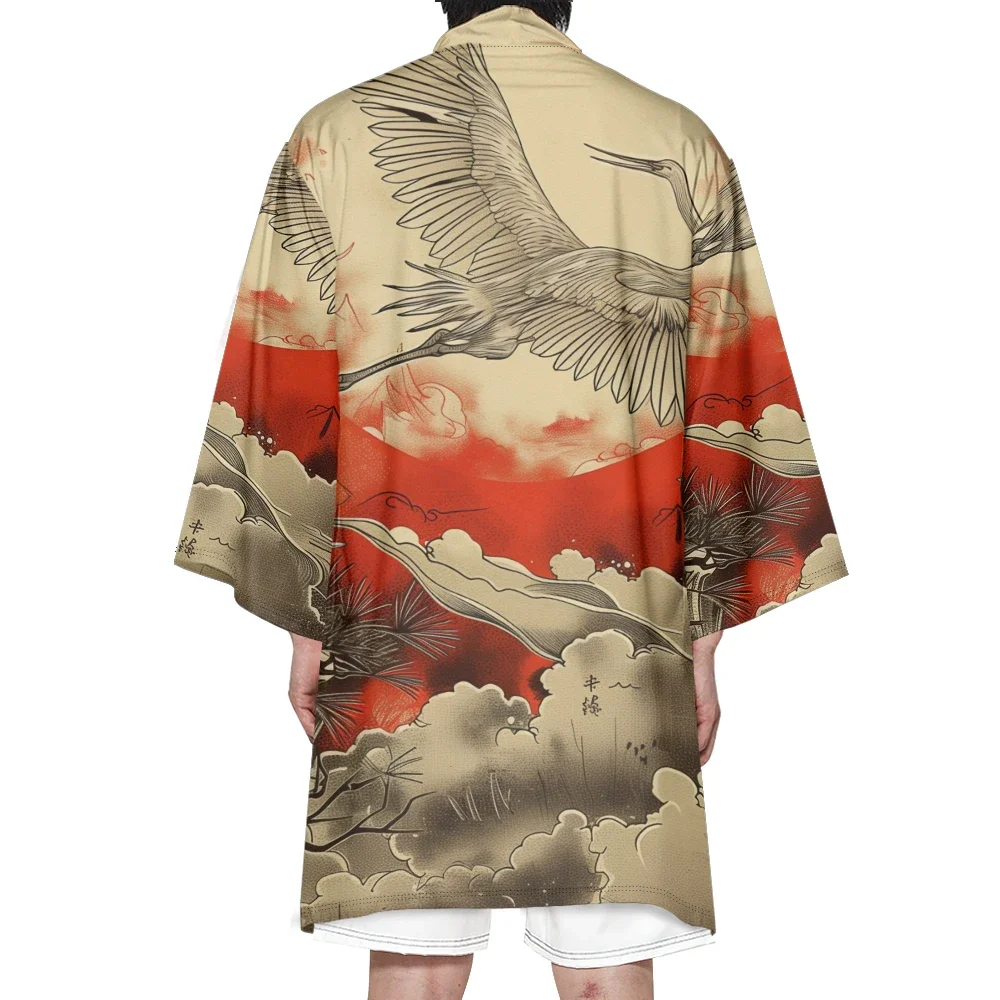 

Autumn Samurai Kimono Cosplay Japanese Fashion Long Kimono Unisex Stylish Haori Kimonos Crane Print Cardigan Robe Retro Yukata