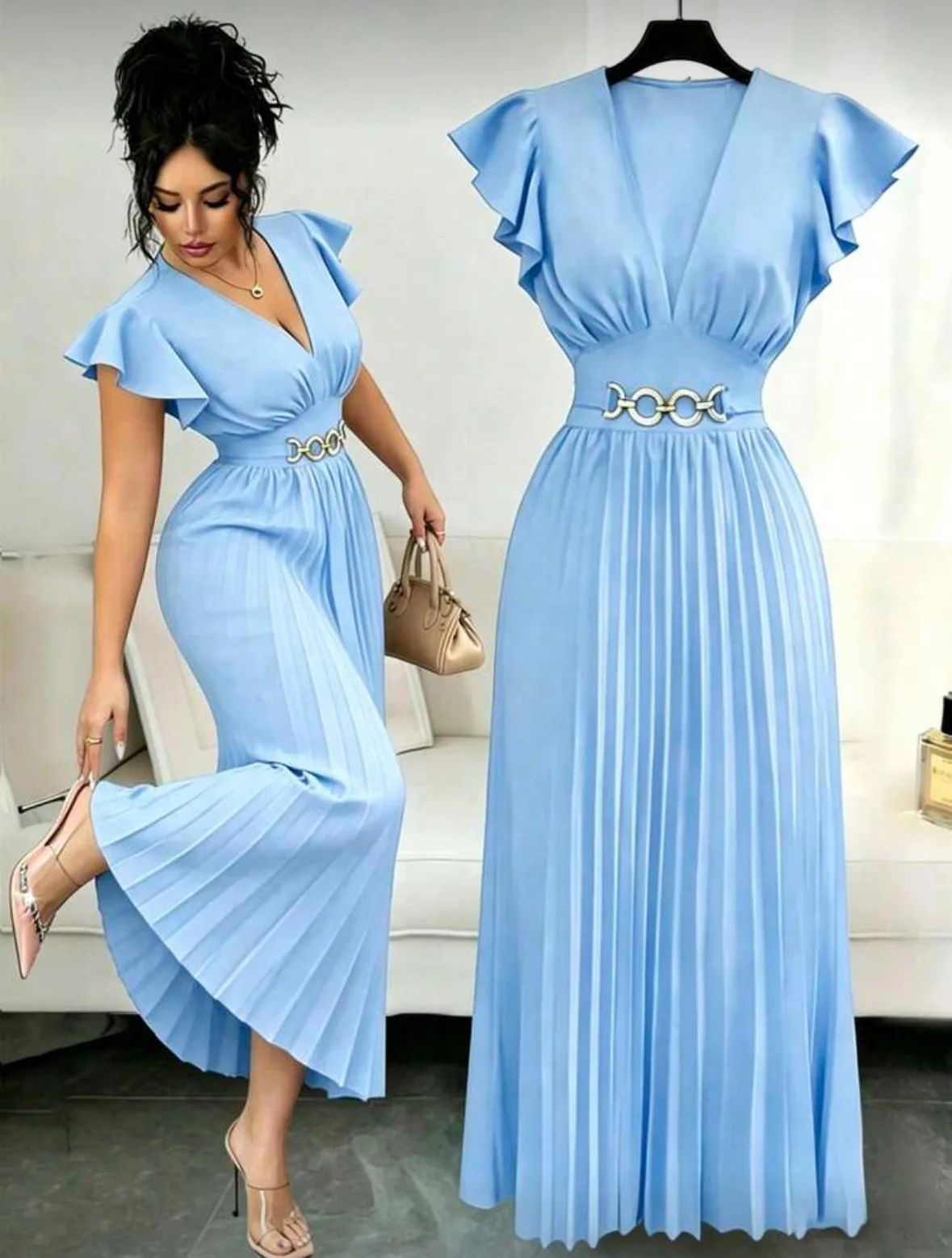 2026 Neues V-Ausschnitt Kleid mit Rüschenärmeln, Einfarbig mit Metalldekoration, Plissiertes Design, Elegantes Langes Kleid für Damen, Sommerkleid – Detail 4