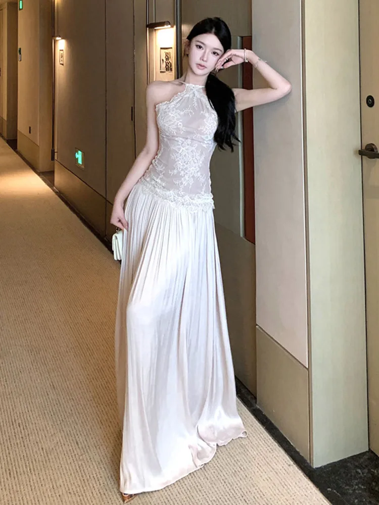 Fashionable Lace Splice Sleeveless Strap Dress Elegant High Waist Backless A-Line Long Dress Commute Style Summer Women's Dress