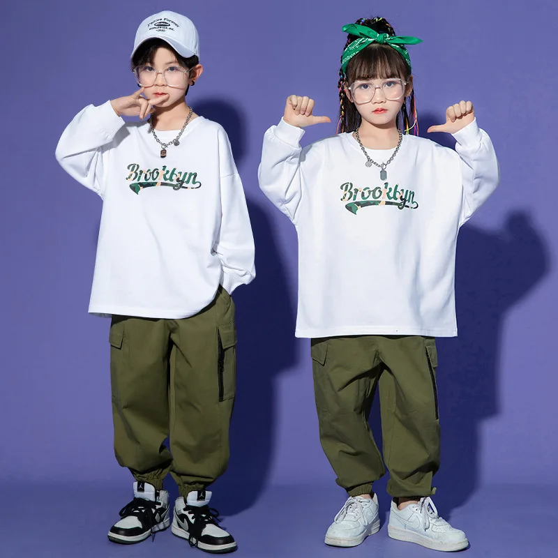 

Kid Hip Hop Clothing White Letters Sweatshirt Top Army Green Casual Cargo Jogger Pants for Girl Boy Jazz Dance Costume Clothes
