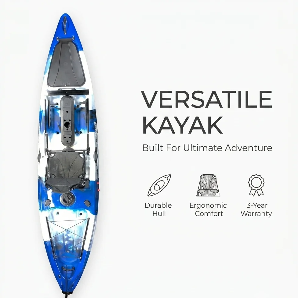 Wholesale Blue White Camo Hard Shell Single Person Angling Kayak Ergonomic Frame Seat Waterproof Hatch Rudder Canoe Boat