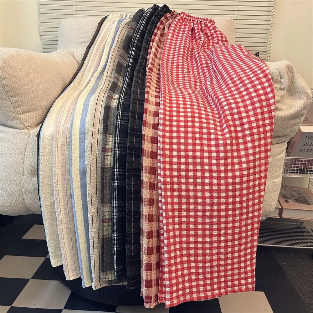 Tall Women's Plaid Sleep Pants Summer Loose Casual Walking Pants Home 170cm Straight Long Pants Home Leisure Thin Polyester
