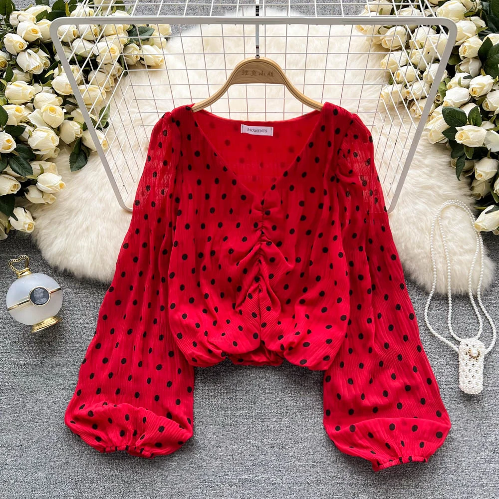 Elegant Blouses for Women Korean Style Blouse Long Puff Sleeve Polka Dot Shirt Woman Sweet Crop Top V Neck Femme Blusas Dropship