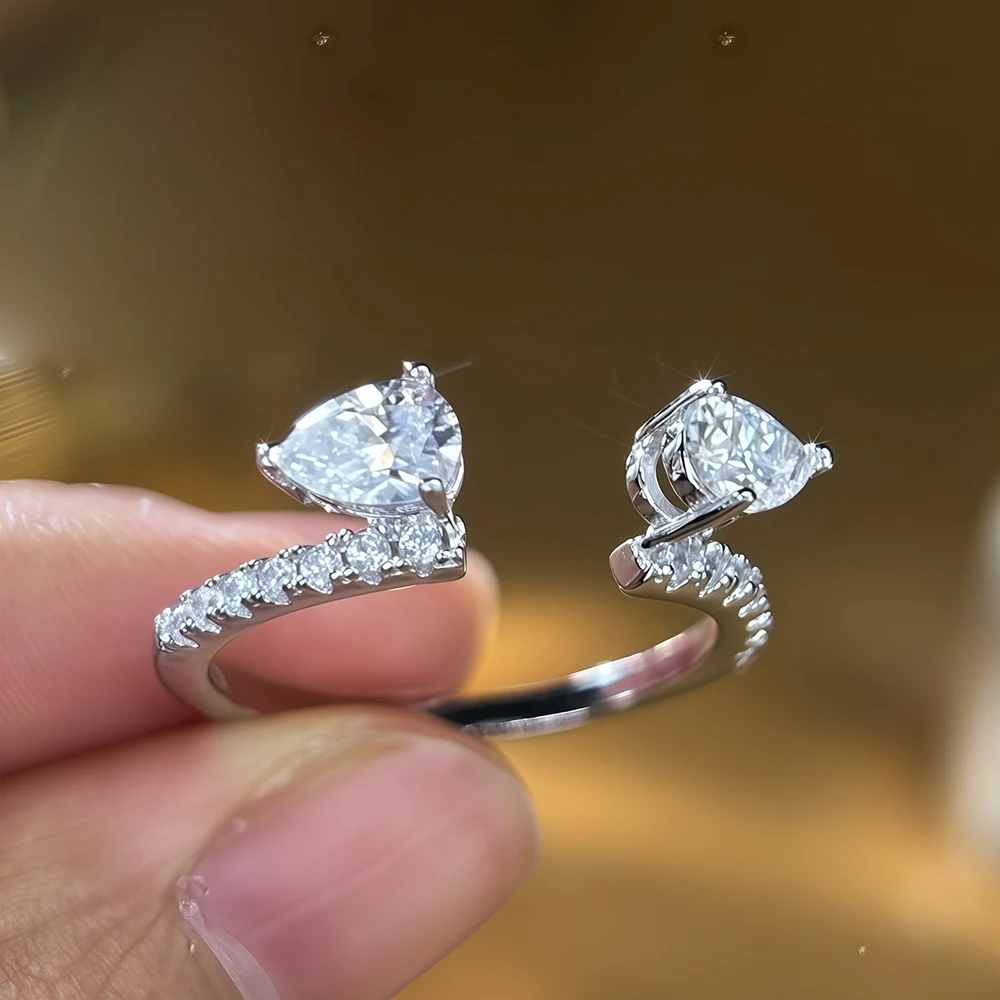 Waterdrop Moissanite Open Rings for Women S925 Silver Pear/Round Diamond Stacking Matching Eternity Band Engagement Wedding Ring