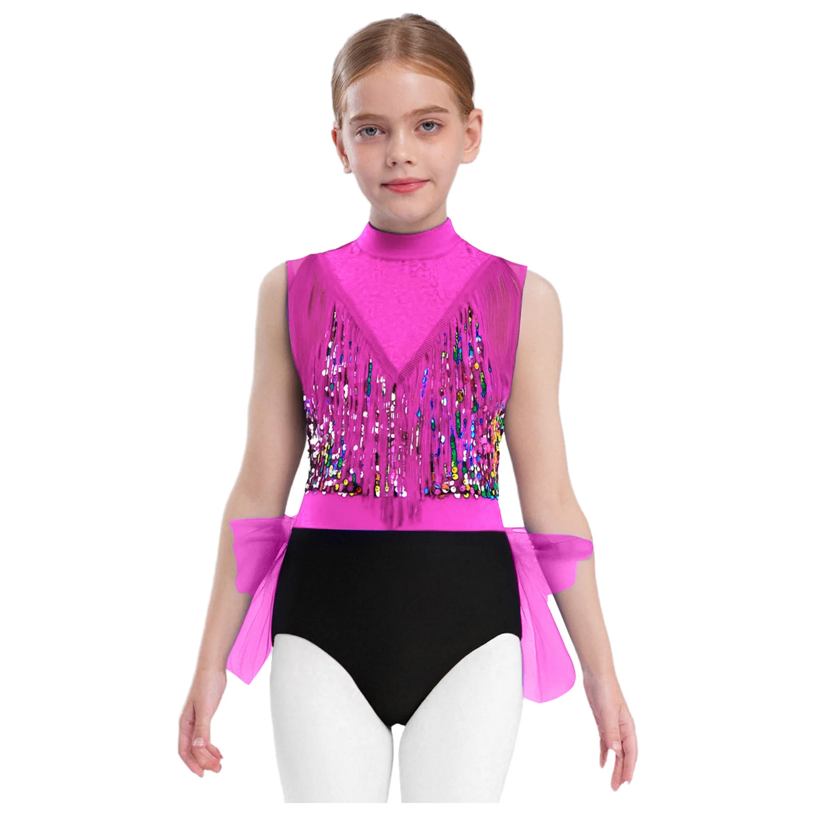 

Kids Girls Latin Jazz Performance Leotard Dress Sleeveless Backless Color-Block Design with Sequin Tassels Layered Tulle Skirt