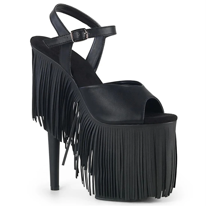 26cm black PU tassels decoration waterproof platform high pole dance open toe high heel sandals