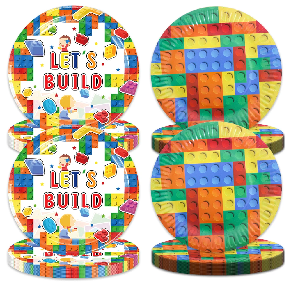 10pcs/lot Building Blocks Theme Baby Shower Kids Favor Happy Birthday Party Tableware Disposable Paper Plate Decoration Plates