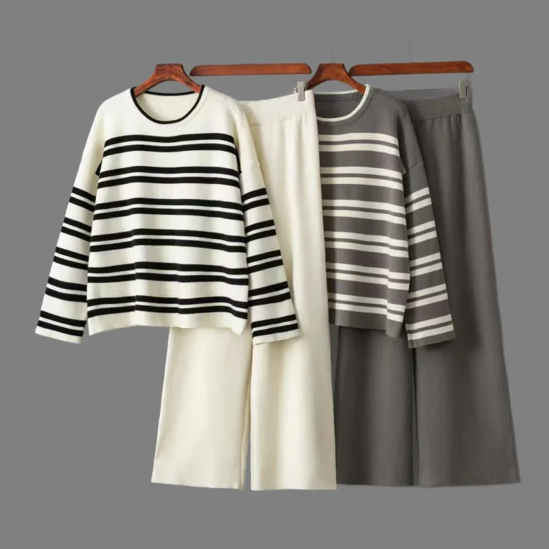 

5-цветный осенне-зимний повседневный полосатый двухсекционный свободный пуловер, свитер + спортивные широкие брюки, женский весенний вязаный топ с длинными рукавами