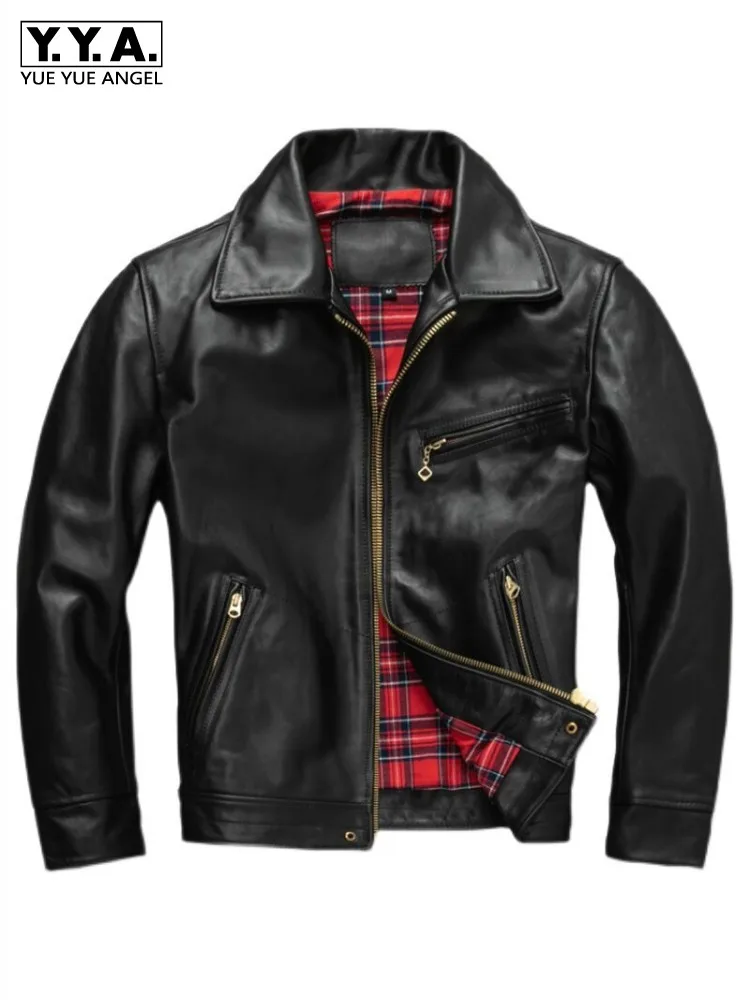 Mens Slim Fit 100% Horsehide Genuine Leather Jacket Lapel Collar Zipper Windproof Moto Biker Riding Coat Autumn Winter Outerwear