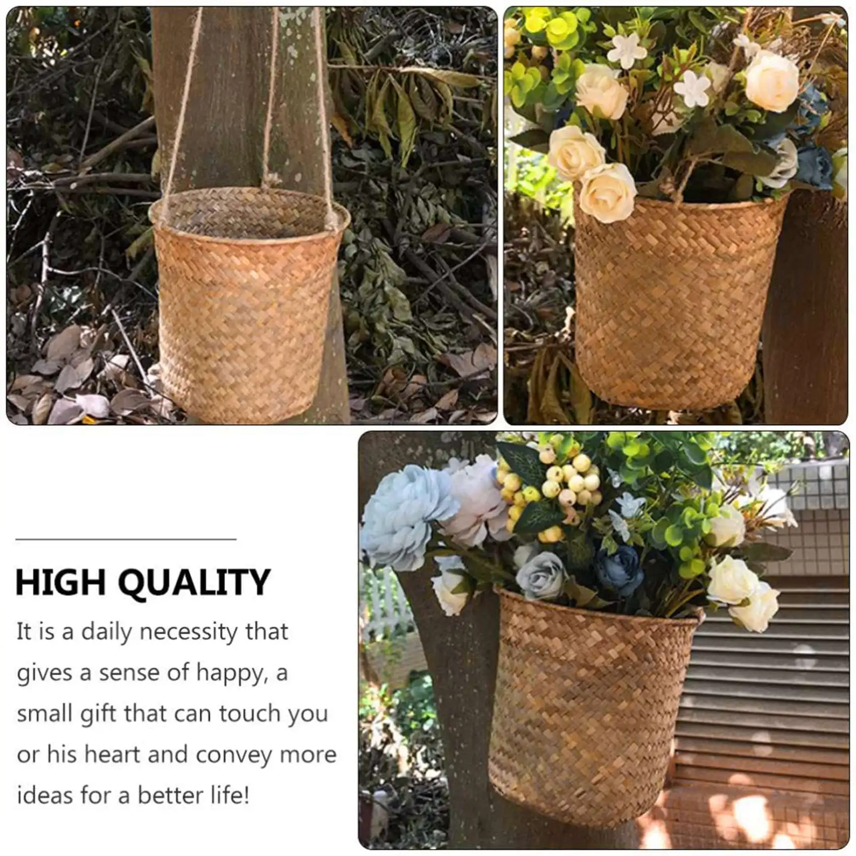 【HOT N07R】 3-Piece Hand-Woven Storage Basket Wicker Hanging Flower Pot Basket Plant Basket Indoor and Outdoor Flower Container