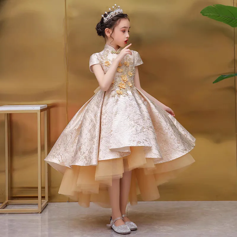 

Girls Summer Princess Dresses Champagne Flower Girl Wedding Party Dress Short Front Long Back Gowns Prom Birthday Gown Customize