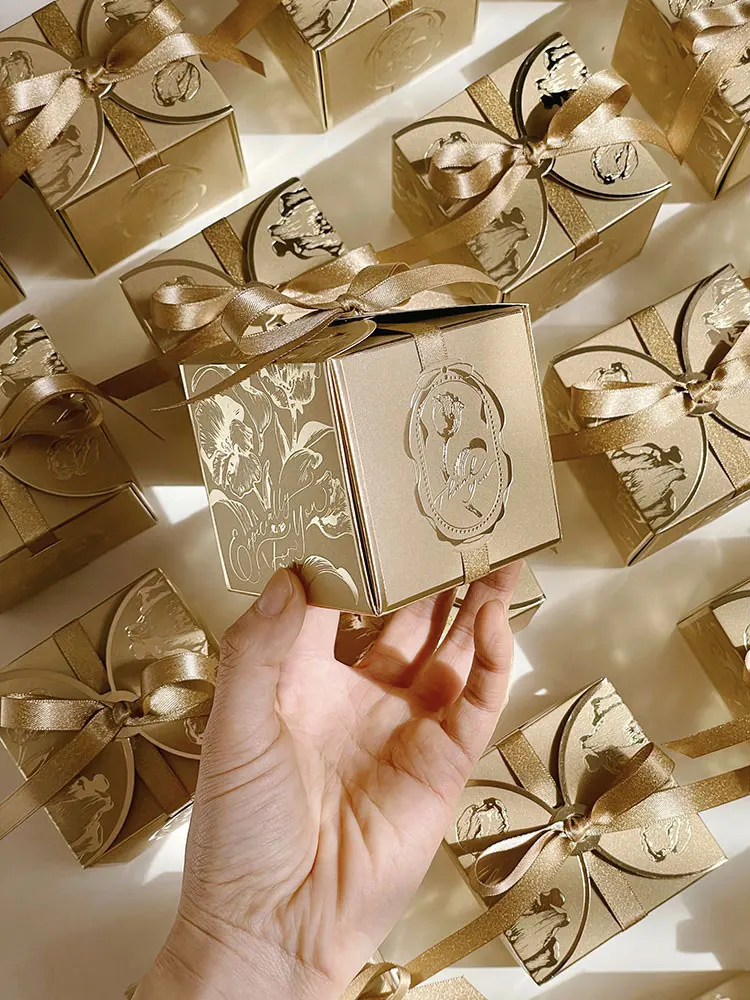 Square Paper Gift Boxes with Ribbons, Wedding Favors Box, Bridal, Baby Shower, Birthday Party, Premium Silver Champagne - view 3