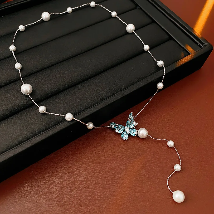 

Long Tassel Necklaces for Women Zircon Imitation Pearl Clavicle Chains Fairy Sweet Butterfly Neck Jewelry