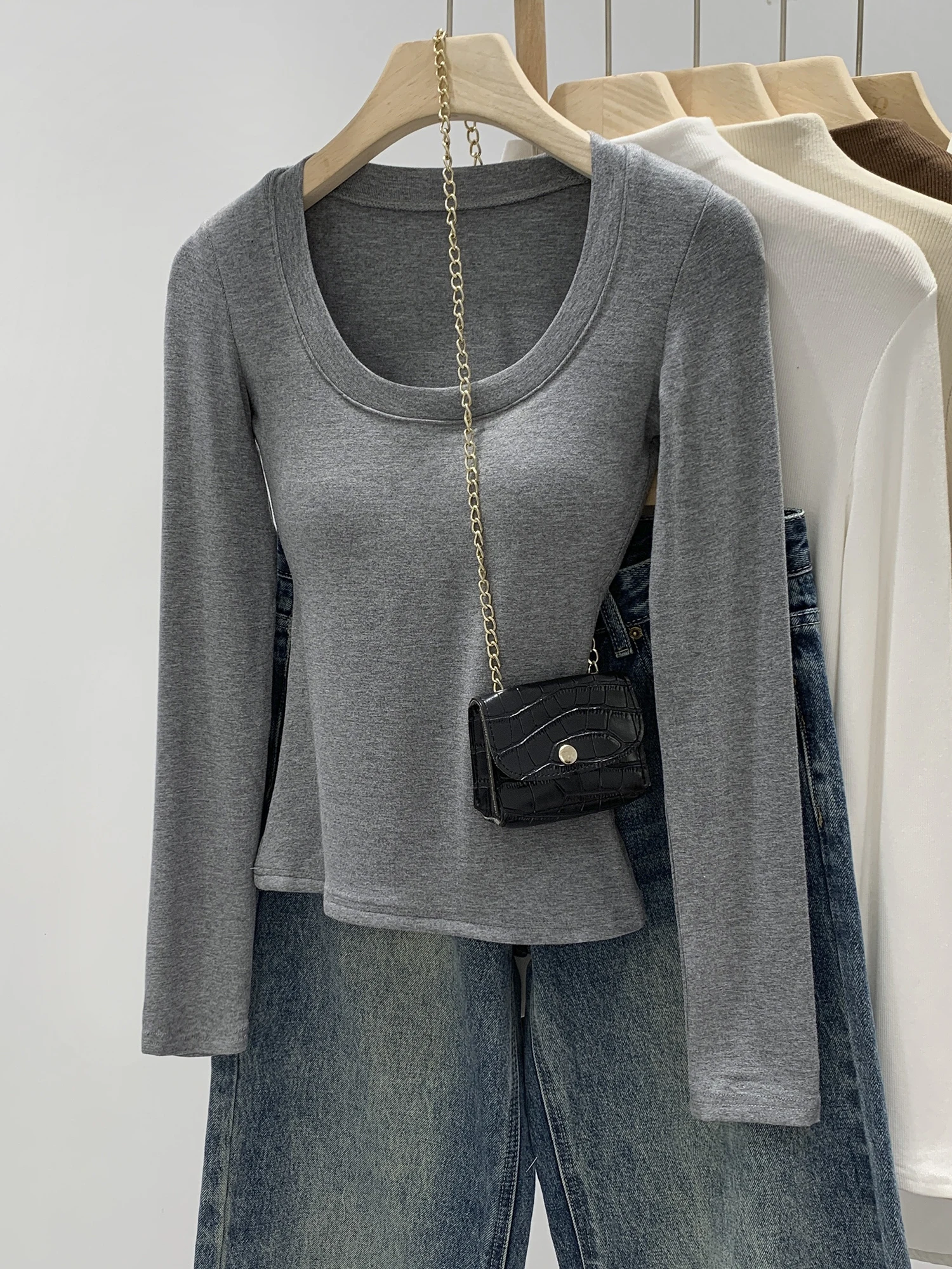 Gray Integrated U-Neck Long Sleeve Women's T-Shirt Base Shirt Inner Wear High-End Feeling Can Be Worn outside Base Top