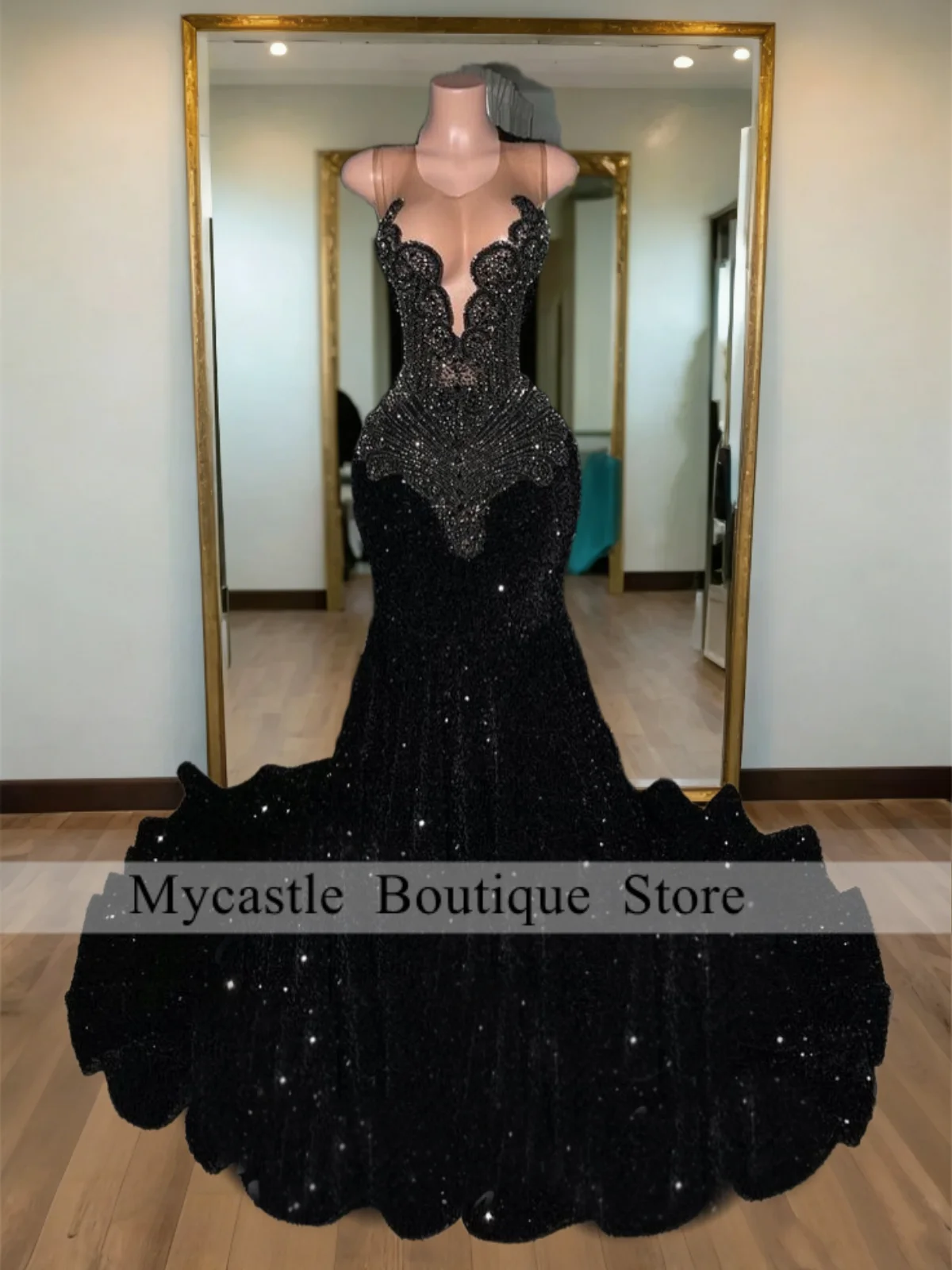 

Glitter Black Sequins Mermaid Prom Dresses Black Girl Robe Evening Gown Aso Ebi Rhinestone Stone Wedding Party Dress Customized