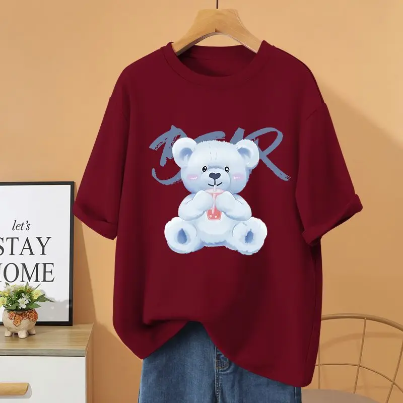 Summer 100% Cotton Loose Casual T-shirt, Women Clothing Cartoon Printed Basic Pullovers, Vintage O-neck Short Sleeve Top Tee