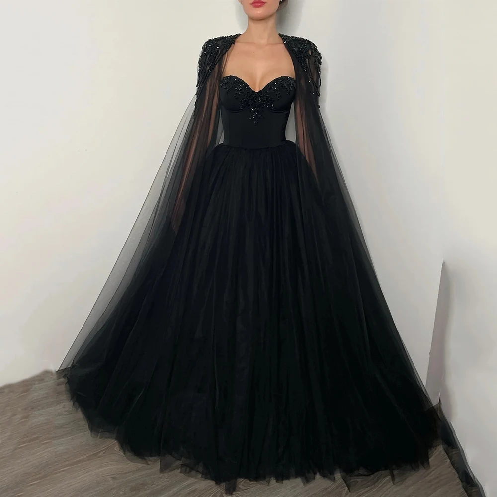 High Quality Gothic Wedding Dress with Beading Detachable Cape Sweetheart Sleeveless Pearls Sweep Train Tulle Black Bridal Gown