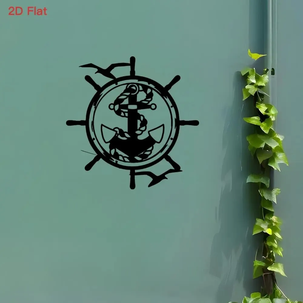 1Pc Nautical Anchor Ship Wheel Wrought Iron Wall Decor 2D Flat Laser Cut Black Metal Wall Art for Home Living Room Bedroom