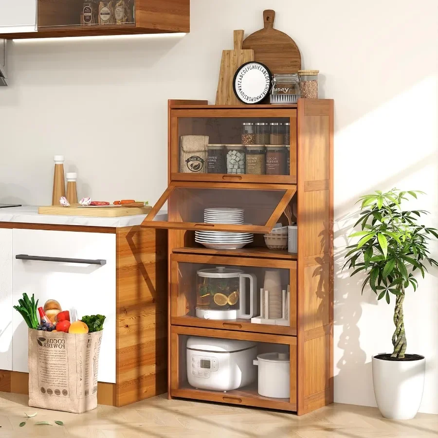 4-Tier Solid Bamboo Bookcase for Living Room w/Tempered Glass Flip-Up Doors Brown Eco-Friendly, Sturdy Modern Design