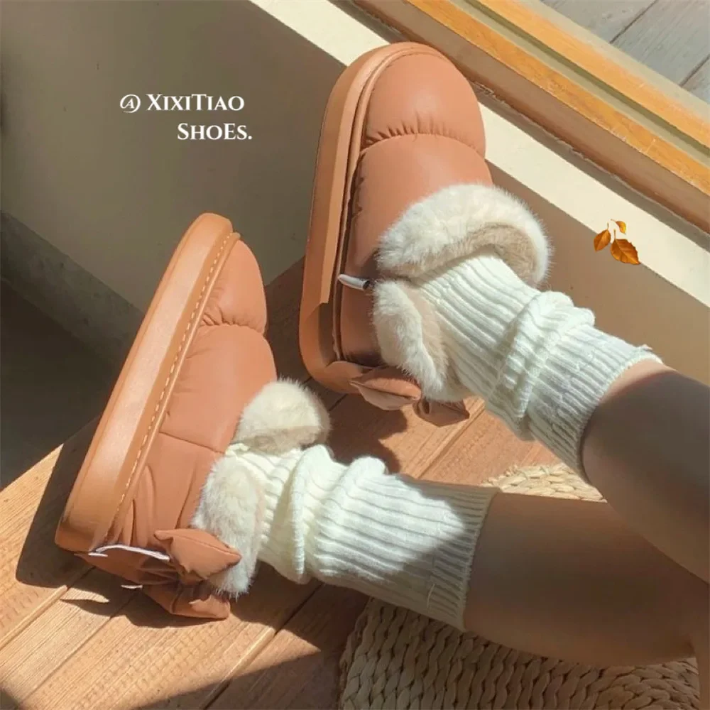 Cute Warm Ankle Boots Winter Women\'s Bow Warmth Plush Bow Cotton Shoes 2024 New Waterproof Down Cloth Short Barrel Snow Boots