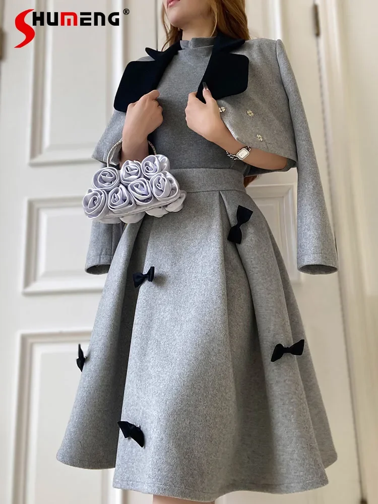 

Women's Autumn High-end Elegant Contrast Color Slimming Three-dimensional Bow Long-sleeve Short Coats Skirts Women's Dress Sets