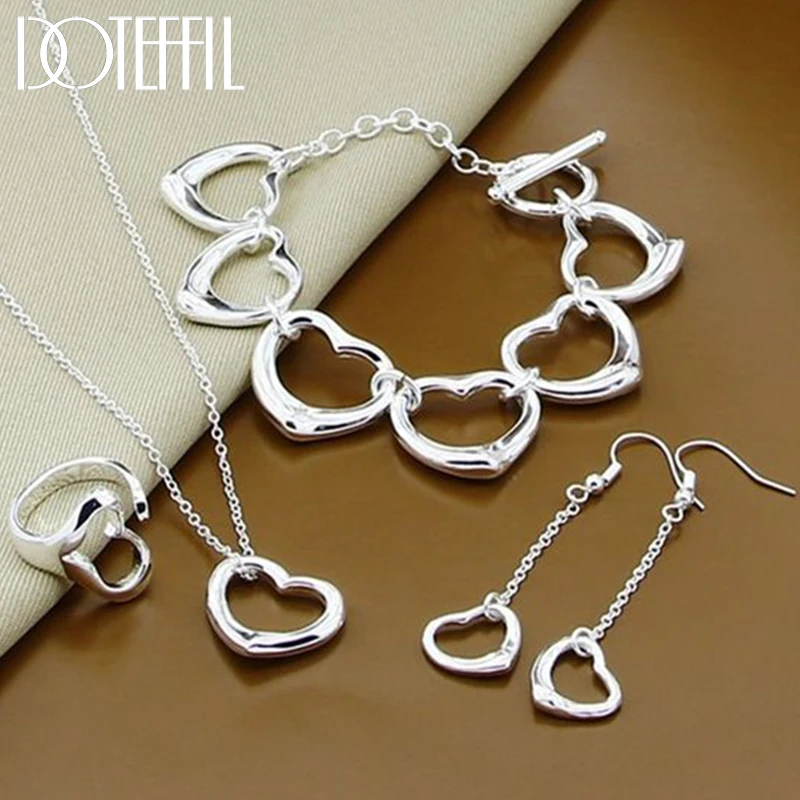 

DOTEFFIL 925 Sterling Silver Heart Earring Ring Bracelet Necklace Set For Woman Wedding Engagement Party Fashion Charm Jewelry