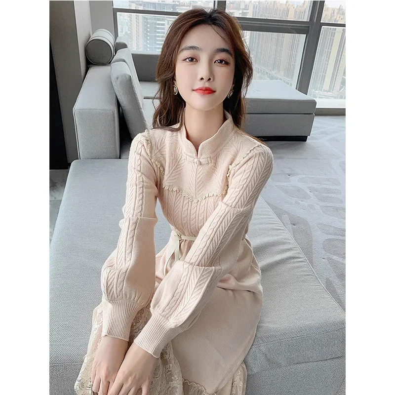 Cheongsam Dress Long Sleeves Spring Autumn Women's Clothing Knitted Sweater Dress French Retro Chinese Style Lace Lantern Sleeve