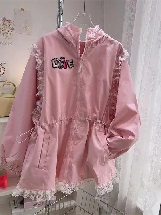

plus Size Lace Patchwork Hooded Waist Cinching Jacket Women's Loose Design Sweet Style Autumn Outerwear Commute Style
