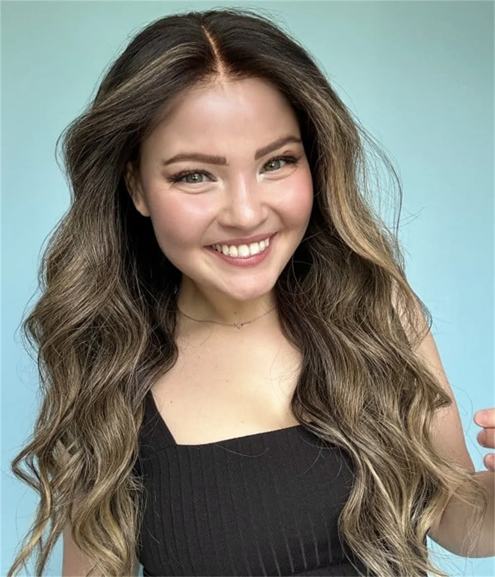 Long Brunette Balayage Wig 13x4 Body Wave Lace Front Wig for Women High Temperature Fibre Synthetic Wig Dark Rooted Free Part