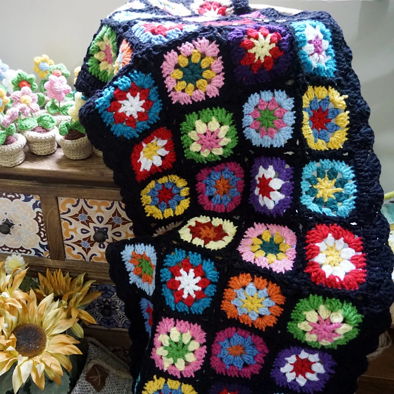 Colourful Daisy Handmade Crochet Blanket Hand Hook Tablecloth Fashion Carpet Yoga Bolster Cushion Party Crochet Table Mat