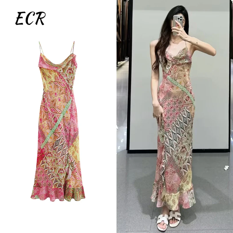 

ECR Colorblack Printing Slimming Dresses For Women Swinging Collar Sleeveless High Waist Elegant Camisole Dress Female Fashion