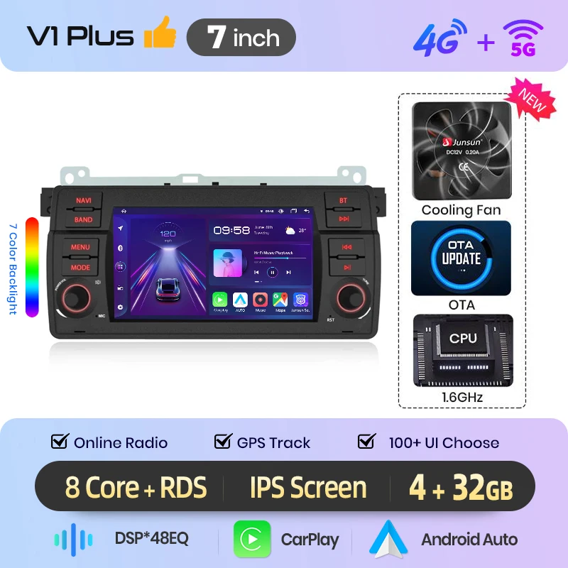 Junsun 7 inch draadloze CarPlay Android Auto autoradio voor BMW E46 M3 318 320 325 330 335 Multimedia draadloze Apple CarPlay Smart Intelligent Systems IPS touchscreen stereo videospeler 2 Din