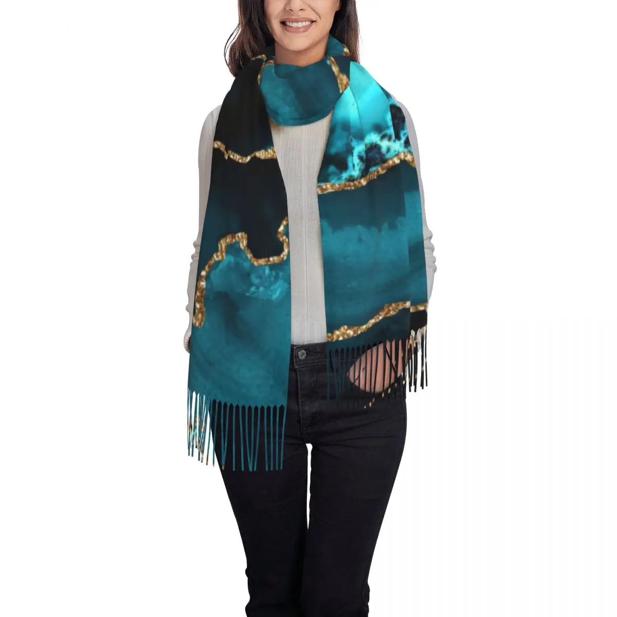 Stylish Teal Blue And Gold Hues Marble Agate Tassel Scarf Women Winter Fall Warm Shawls Wraps Female Geometric Modern Scarves