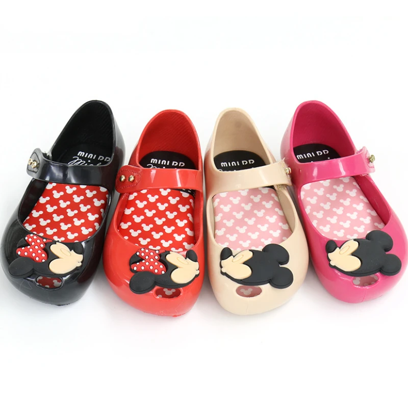 Disney Children Shoes Summer Sweet Princess Bow Beautiful Girl Deodorant Breathable Velcro Red Jelly Sandals for Kids 4Y-6Y