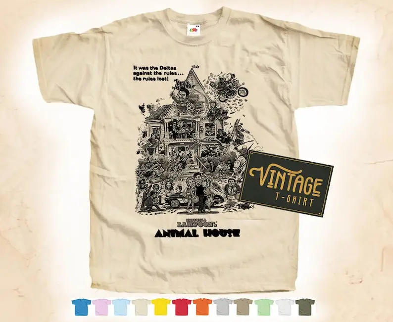 BLACK Print: Animal House V2 T shirt Tee Natural VINTAGE Cotton Movie Poster Beige 12 colors All Sizes