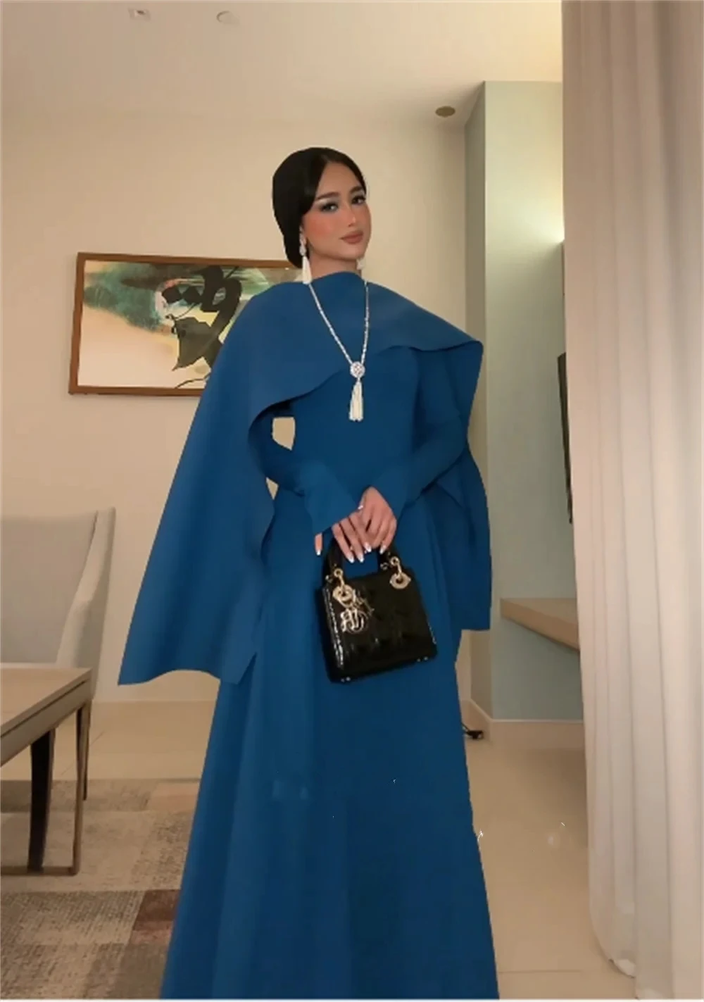 Blue Satin Prom Dress Evening Jersey Pleat Prom A-line High Collar Bespoke Occasion Gown Long Dresses Saudi Arabia For Women