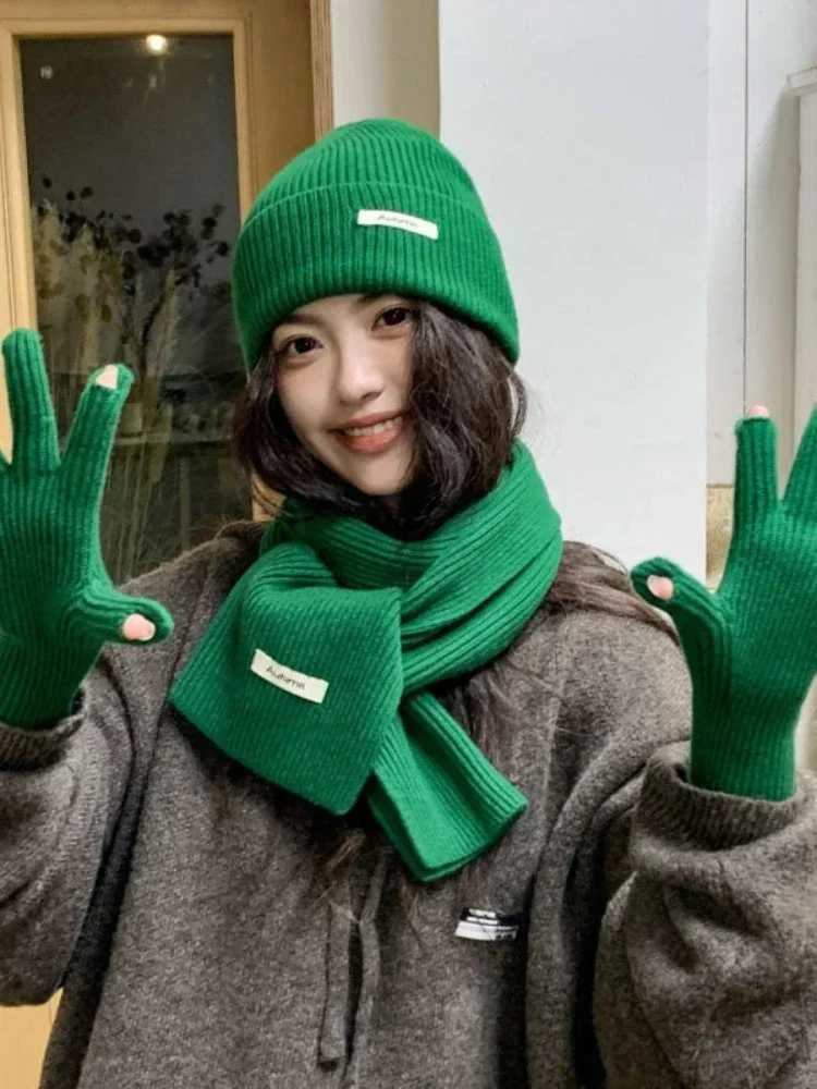 女性秋冬暖かいニット帽子タッチスクリーン手袋無地女性の手袋セット韓国スリーピースセットスカーフ手袋