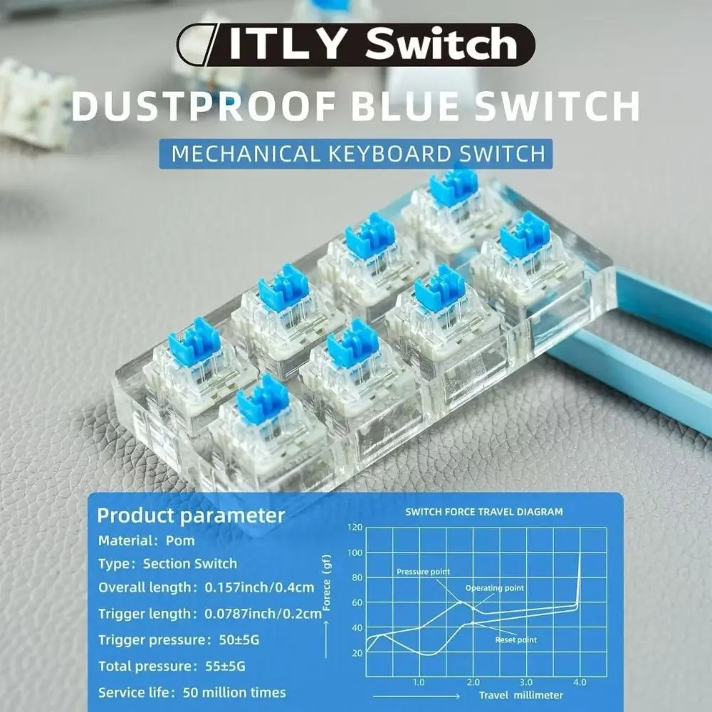 30/50PCS POM Keyboard Switch Tester Clicky Tactile Feedback Dustproof Blue Switch Fidget Keychain Toy Transparent Tester Base view 6