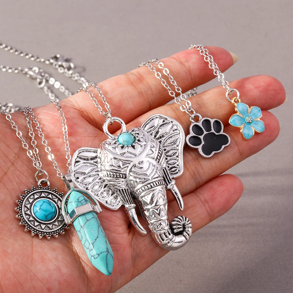 Aihua 5 teile/satz Gothic Blau Türkis Stein Elefant Anhänger Halsketten für Frauen Grunge Hip Hop Halskette Schmuck Geschenke – Detail 2