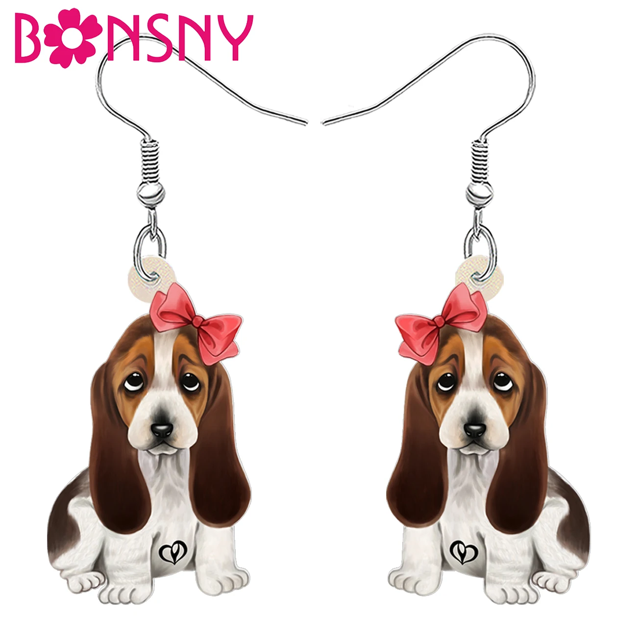 BONSNY Acrylic Sweet Bow Basset Hound Dog Earrings Drop Dangle Cute Pets Jewelry for Women Girls Teens Dog Lovers Charms Gifts