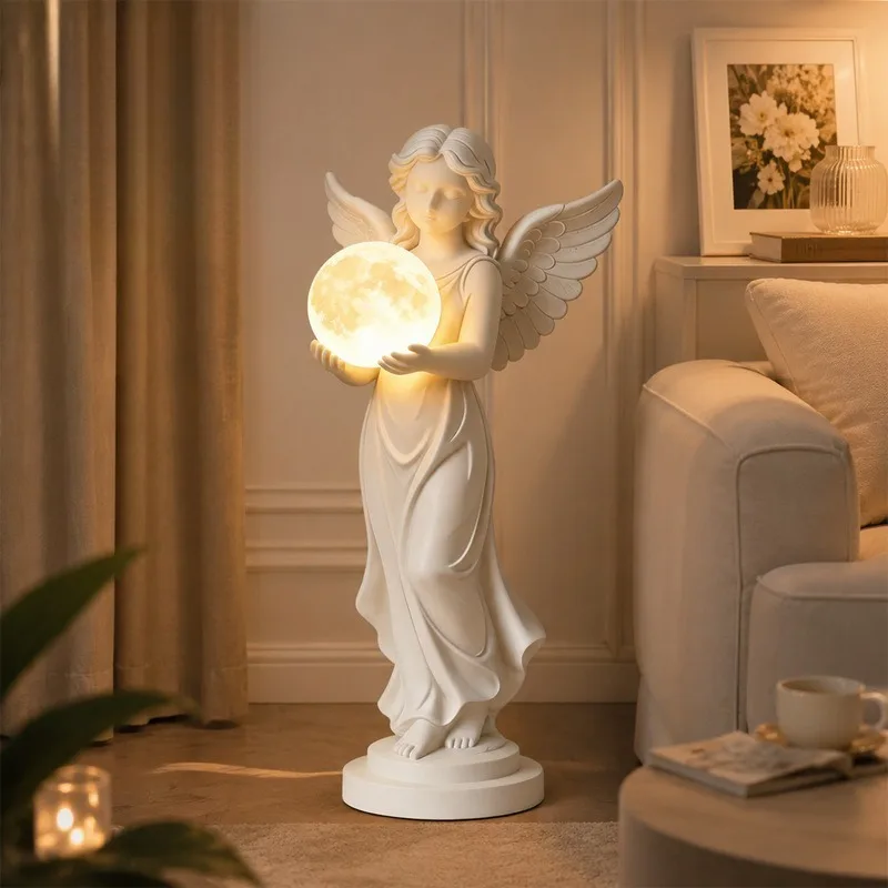 Resin Statues Floor Standing Angel Sculptures With Warm Colored Night Lights Classical Lamped Home Sculptures Luxury Home Decor