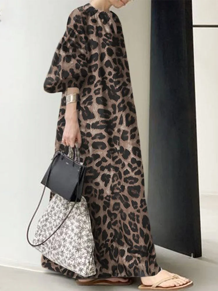 Fashion Printed Maxi Dress Women Leopard Sundress Summer Puff Sleeve Long Vestidos Female V Neck Oversize Robe