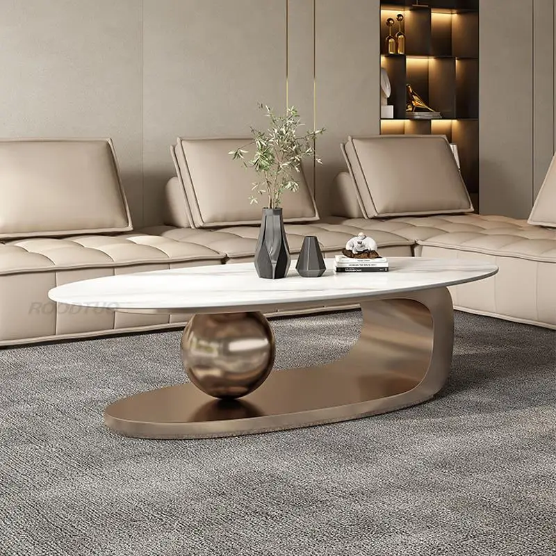 Living Room Center Coffee Table Oval Table For Home Stable Stainless Steel Frame In Black  Gold Smooth Stone Desktop Tv Cabinet