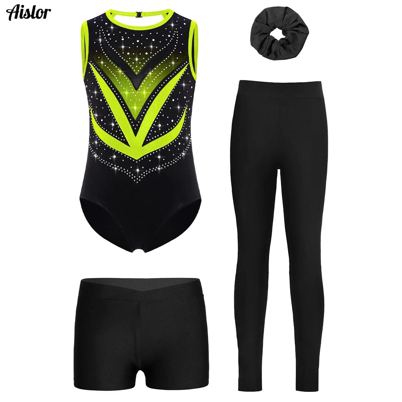 

4Pcs Girls Gymnastics Figure Skating Dance Bodysuit Shiny Rhinestones Metallic Crisscross Back Leotard+Shorts+Leggings+Headwear