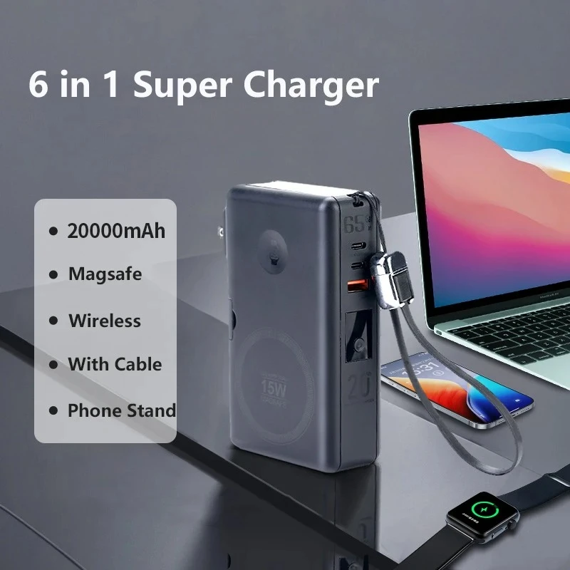 20000mAh 65W USB C Charger Power Bank Qi2 Magnetic Wireless Fast Charger for iPhone 16 iWatch Laptop Powerbank with AC Plug